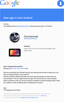 Email from Google announcing there was a new sign-in from Android